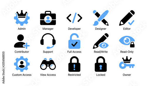 User role and access icons displayed in grid on white background