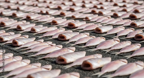 太陽光で大量の魚が天日干しされている様子を写す