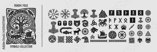 Bild auf Leinwand Nordic Folk Mythology and Viking Heritage Symbols Set