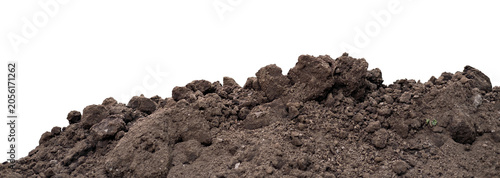 Fotografie Heap of black dirt and ground clods isolated on white
