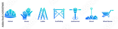 Bild auf Leinwand Builder Gear web banner icon vector illustration with Helmet, Gloves, Ladder, Sc