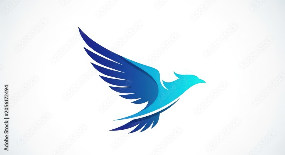 Fototapeta premium A modern and stylized blue bird logo in flight, featuring a gradient from dark blue to light cyan, against a clean white background.