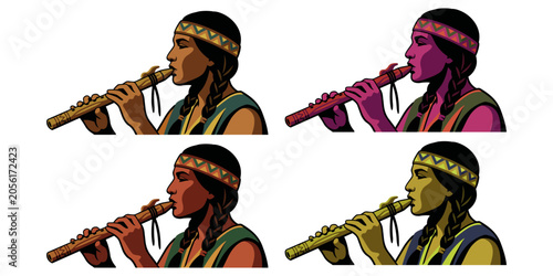 Foto Native American Musician Playing Flute and Instrument Vector Set, isolated, tran