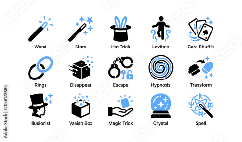 Magic and illusion icons showing tricks, props and special effects
