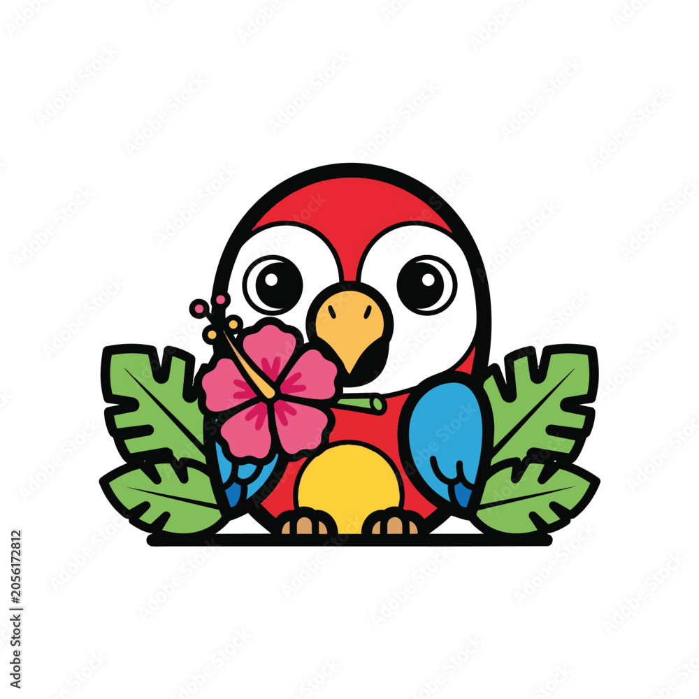 Obraz premium Playful cartoon parrot perched with a hibiscus flower in bright colors