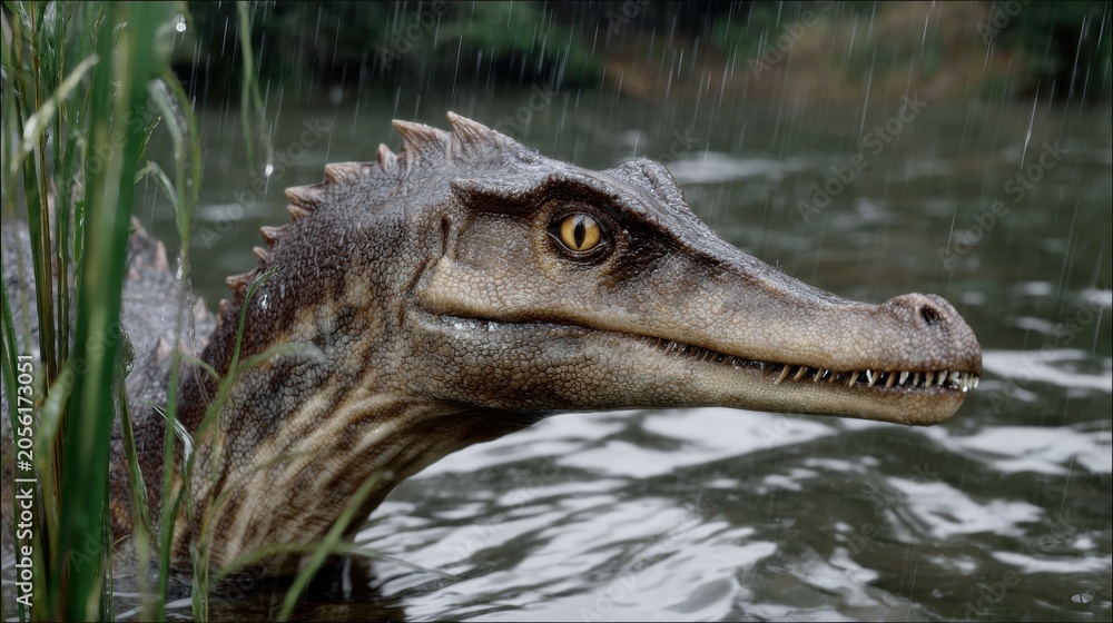 Obraz premium Realistic dinosaur in rainy swamp environment with water droplets on scales