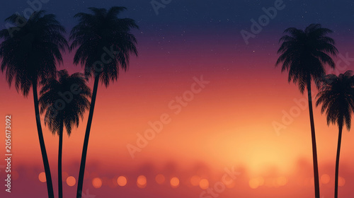 Tropical sunset with palm tree silhouettes against vibrant orange and purple sky with bokeh lights