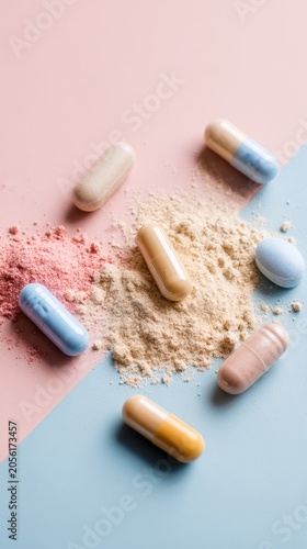 Colorful capsules and powder on pastel background