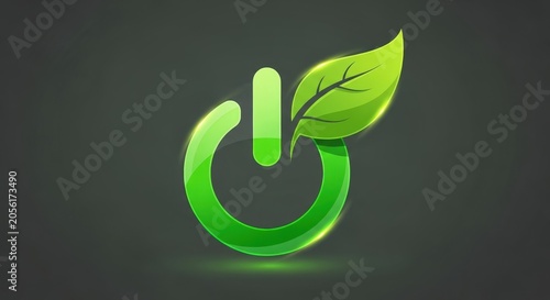 A glossy green power button icon with a vibrant leaf, symbolizing eco-friendly energy and sustainable power solutions on a dark background.