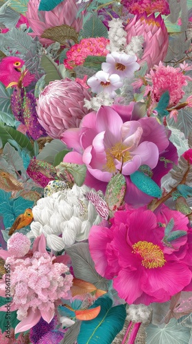 Vibrant tropical floral explosion with exotic birds and lush foliage