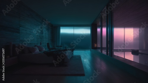 Minimal bedroom interior with moody colored window lighting