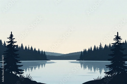 Minimal pine lake landscape background with still water and pale dawn sky
