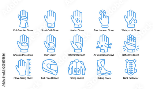 Glove and riding gear icons arranged in grid on white background