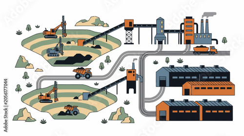 Quadro su tela Industrial mining operation with excavators and trucks processing raw materials