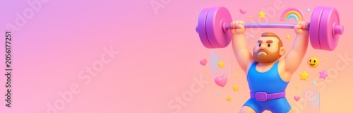 Cartoon strongman lifting barbell on colorful gradient background with blank ...