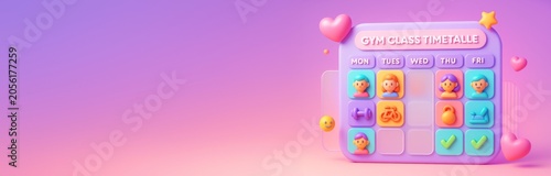 Colorful gym class timetable with cartoon characters and sport icons on pink-...