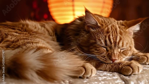 Lantern glow ginger cat day close up of fluffy orange tabby asleep on shiny quilt with warm paper lamp bokeh, soft whiskers, striped fur, peaceful evening mood and cozy festive ambience scene