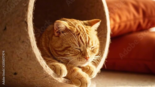 Round cat tunnel ginger cat day portrait of sleepy orange tabby resting inside beige felt hideaway, paws tucked over the edge, warm sofa blur, cozy indoor light with snug playful shelter nook