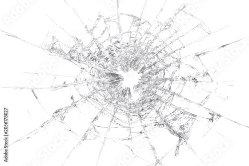 Bullet hole broken glass effect PNG with transparent background, realistic shattered screen crack overlay with radial fractures and impact damage for photo editing, poster design or graphic resource.