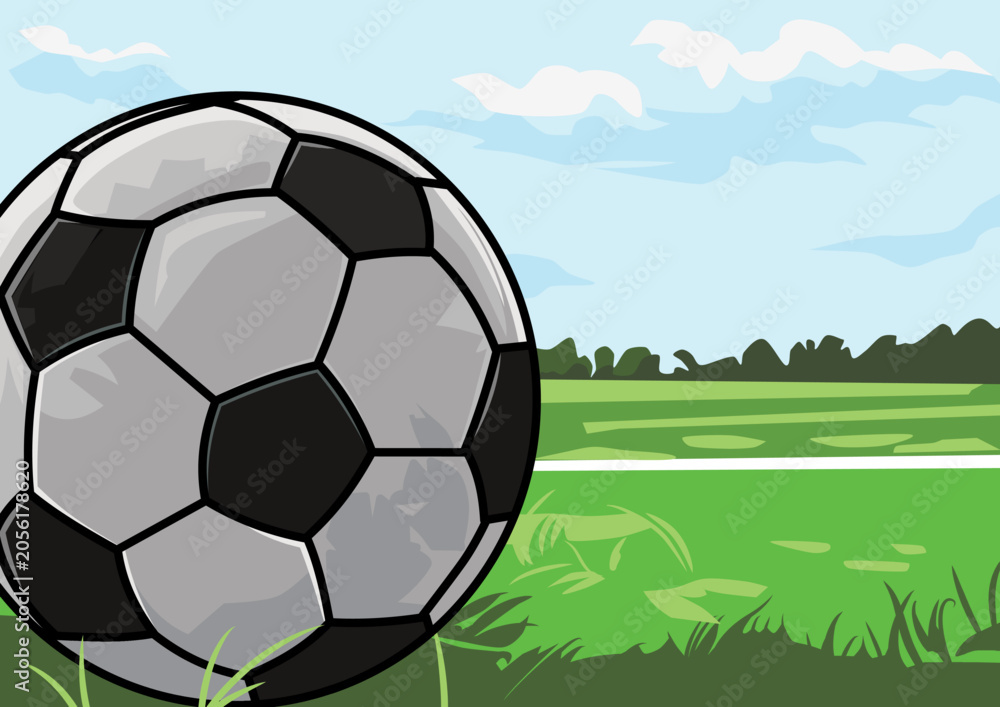 Fototapeta premium Soccer ball on green football field vector illustration with outdoor sports background, game concept and match theme