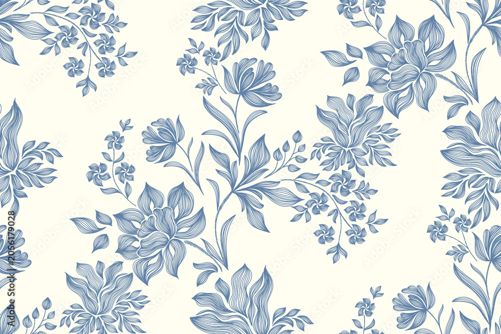Obraz premium Vintage floral ethnic tapestry modern embroidery texture boho design vector illustration hand drawn silhouette indigo blue flower motif branches leaves wallpaper seamless background border