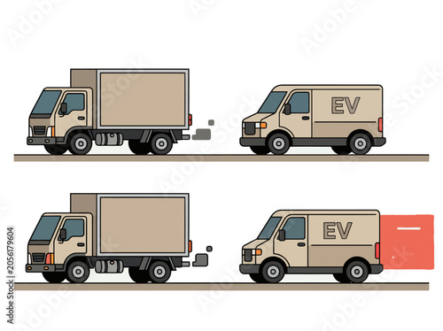 Foto A comparative illustration showcases a fossil-fueled truck emitting exhaust versus a modern electric van with a clean, green streak