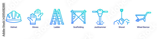 Foto Builder Gear web banner icon vector illustration with Helmet, Gloves, Ladder, Sc