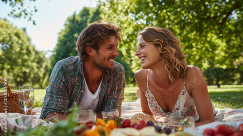 A couple enjoying a picnic on a blanket in a park, smiling and laughing, surrounded by delicious food, trees, and a bright sunny day, evoking joy and relaxation