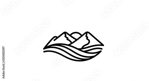 Black line art mountain range with wavy river.