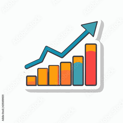 Blue arrow on warm-toned financial growth bar graph