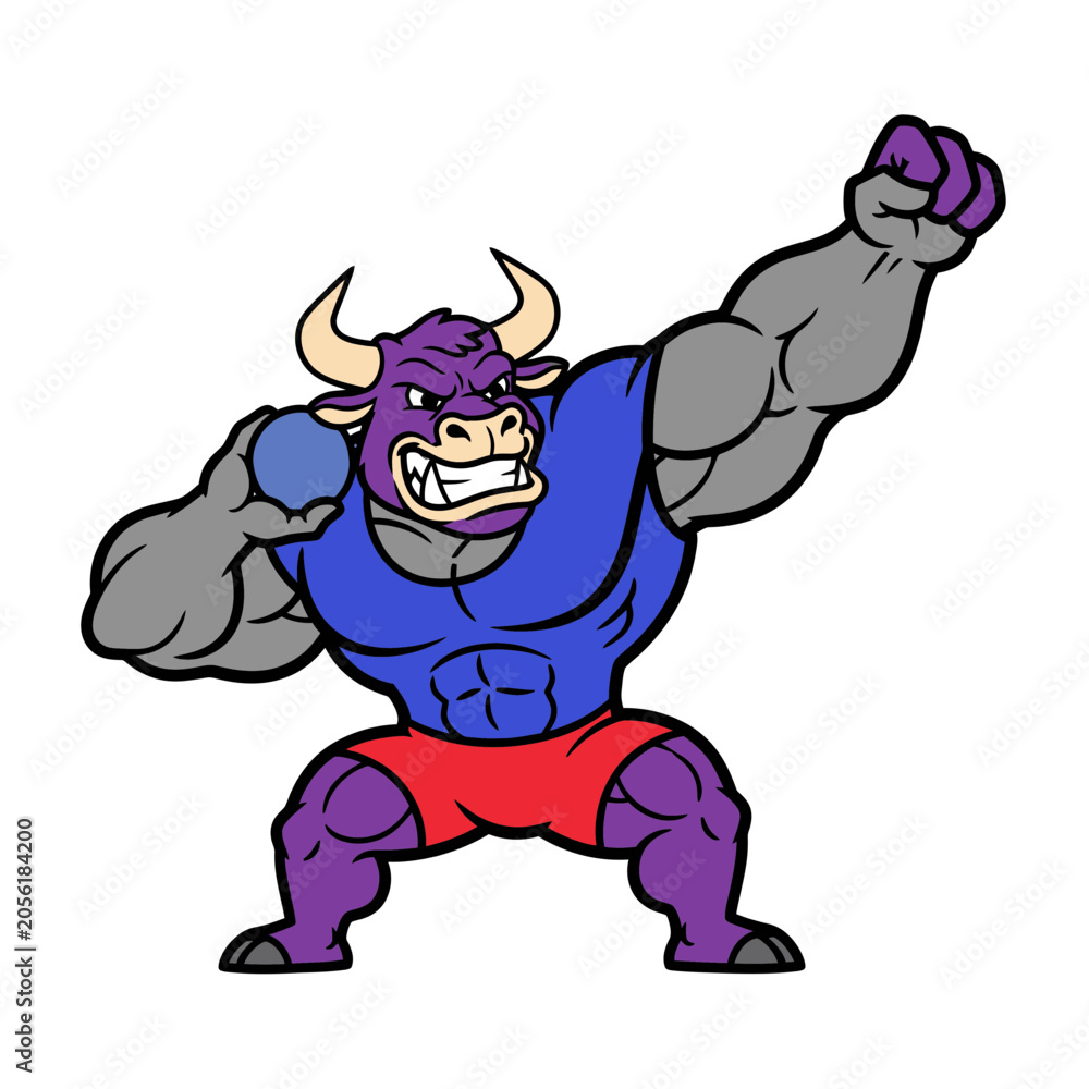 Obraz premium Muscular Purple Bull Mascot Character in Shot Put Throwing Action