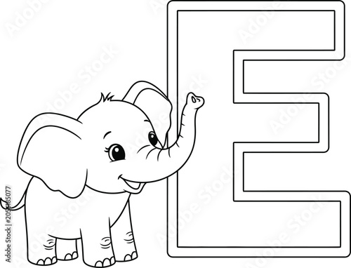 Photography Adorable baby elephant cartoon with letter e illustration for educational resour