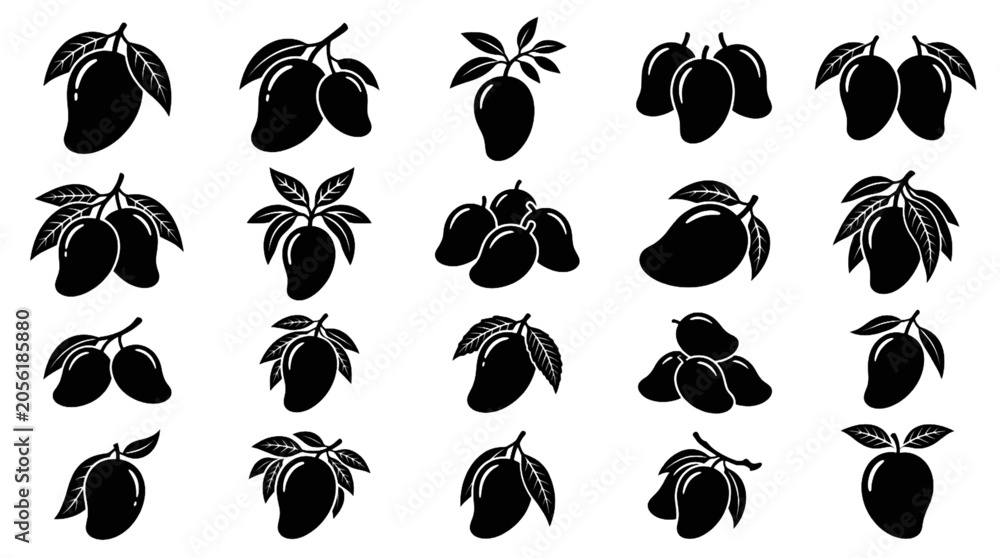 Obraz premium Hanging Mango Tree Silhouette Collection with Tropical Fruit and Leaf Branches Isolated on White