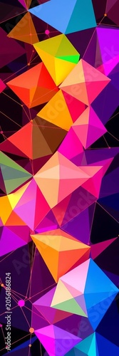 Geometric shapes in vibrant hues creating a complex, interconnected network ,  vivid,  network