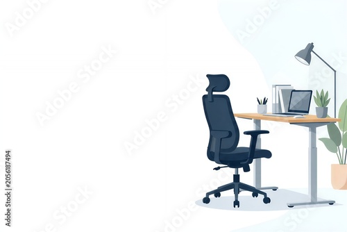 Modern Office Desk Setup with Chair and Laptop on Clean Background