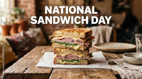 Close-up of a delicious multi-layered sandwich on rustic wooden table for National Sandwich Day celebration