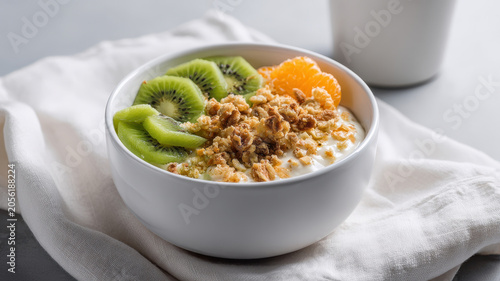 Breakfast bowl with creamy yogurt fresh kiwi orange slices crunchy granola healthy morning meal bright and airy nutritious delicious inviting wholesome