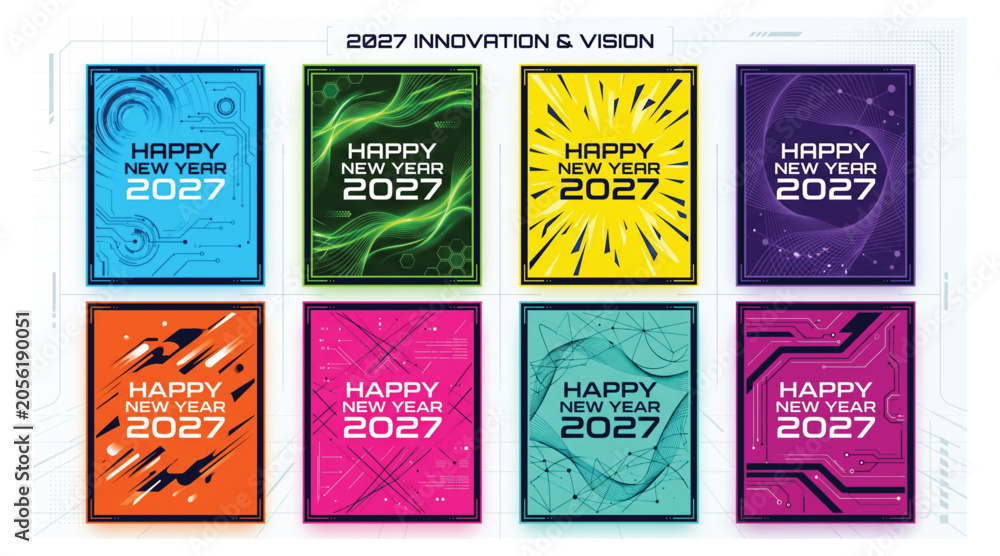 Fototapeta premium Set of eight happy new year 2027 celebration posters with colorful abstract geometric and digital line art backgrounds celebration abstract background geometric greeting innovation