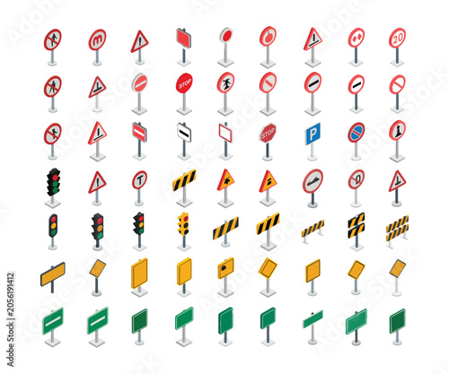 Large assortment of colorful isometric road signs and traffic signals for driving safety regulations