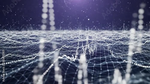 A digital landscape featuring glowing data waves on a dark background