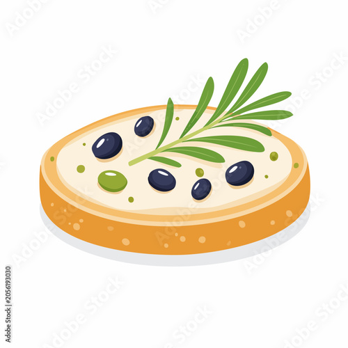 Toasted Bread Slice with Cream Cheese, Olives, and Rosemary