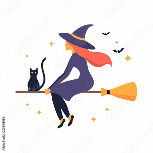 Witch Flying on Broomstick with Black Cat and Bats
