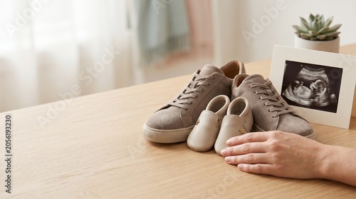 Expectant parents concept with adult sneakers and tiny baby booties placed on a wooden table next to an ultrasound scan in a bright home interior setting