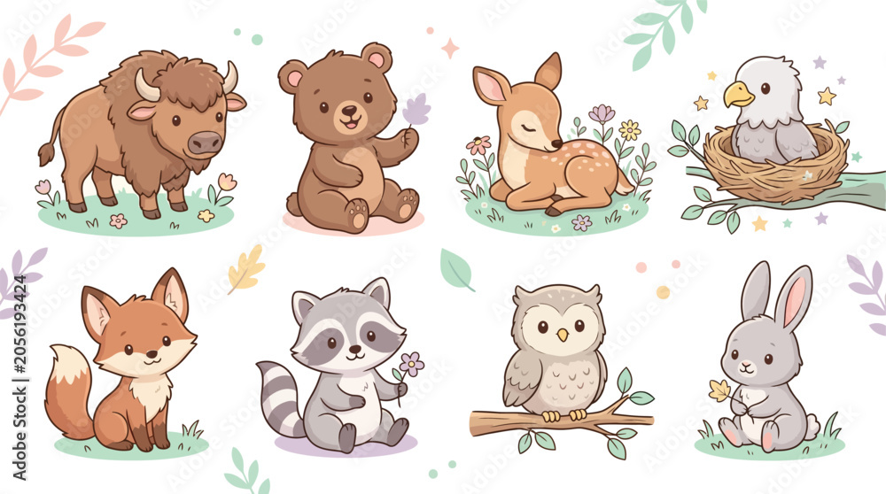 Obraz premium Cute cartoon north american forest animals collection set with wildlife collection illustration