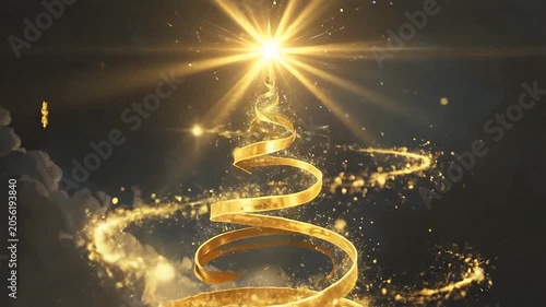 A glowing golden ribbon forms a stylized tree shape against a dark background