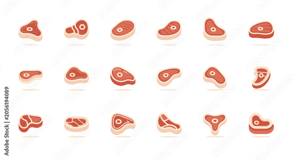 Fototapeta premium Red raw meat cuts and steak variety icon set.
