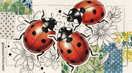 Vintage Watercolor Journal, Rustic Watercolor Stationery, Boho Journal Paper, Colorful Ladybug Halftone Collage Design