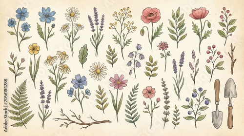 Vintage Watercolor Journal, Rustic Watercolor Stationery, Boho Journal Paper, Colorful Wildflower Collection Illustration