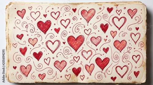 Vintage Watercolor Journal, Rustic Watercolor Stationery, Boho Journal Paper, Hand-Drawn Red Hearts on White Background