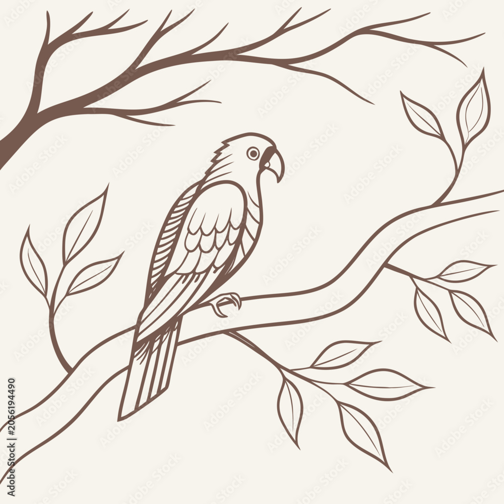 Fototapeta premium Bird Perched On Branch Line Art Illustration With White Background